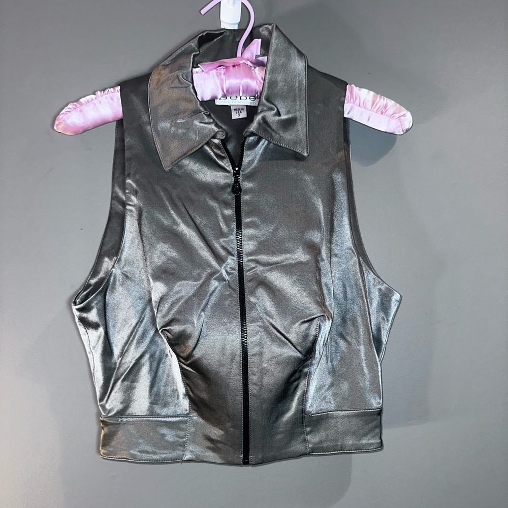 bebe Vintage Y2K Metallic Zip Front Crop Vest Top Size 2